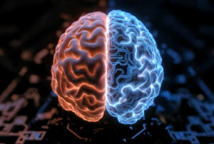 This AI-generated image shows a human brain. One hemisphere is organic, the other digital and glowing.