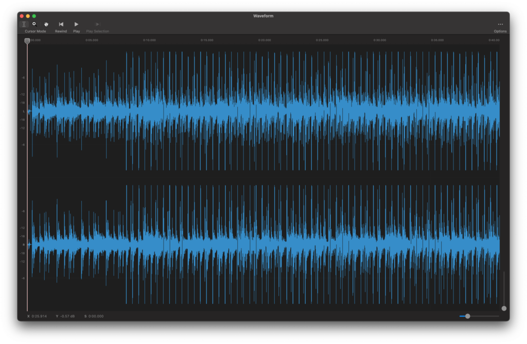 This image shows a zoomed in view of the introduction of the song. The kick drum is now clearly much louder than anything else going on, and we can tell that there is a lot of dynamic range.
